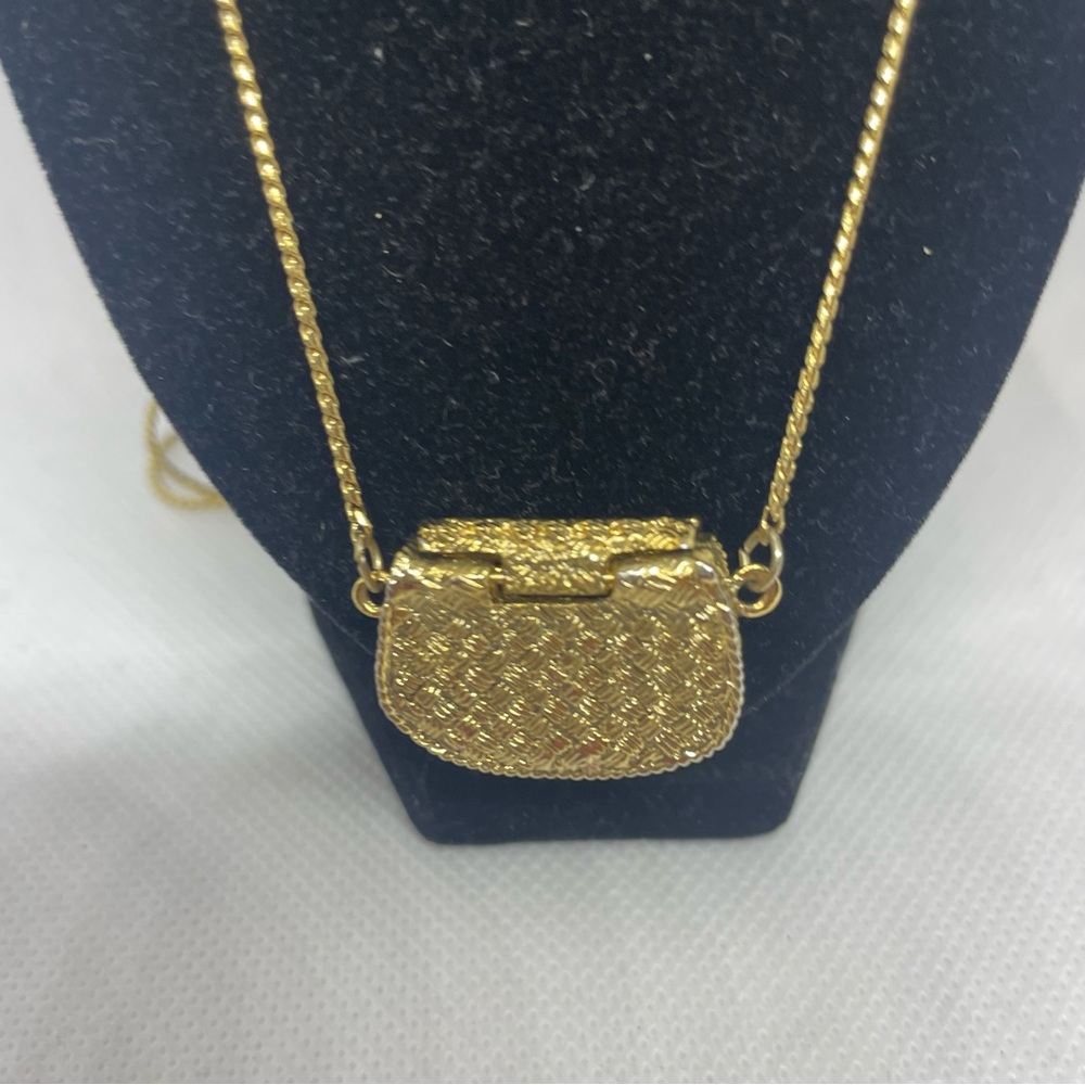 1928 Goldweave and Rhinestone Flower Purse Pendant Charm Necklace - Picture 4 of 9